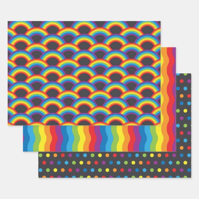 Vibrant Black and Rainbow Patterns Wrapping Paper Sheets (Set)