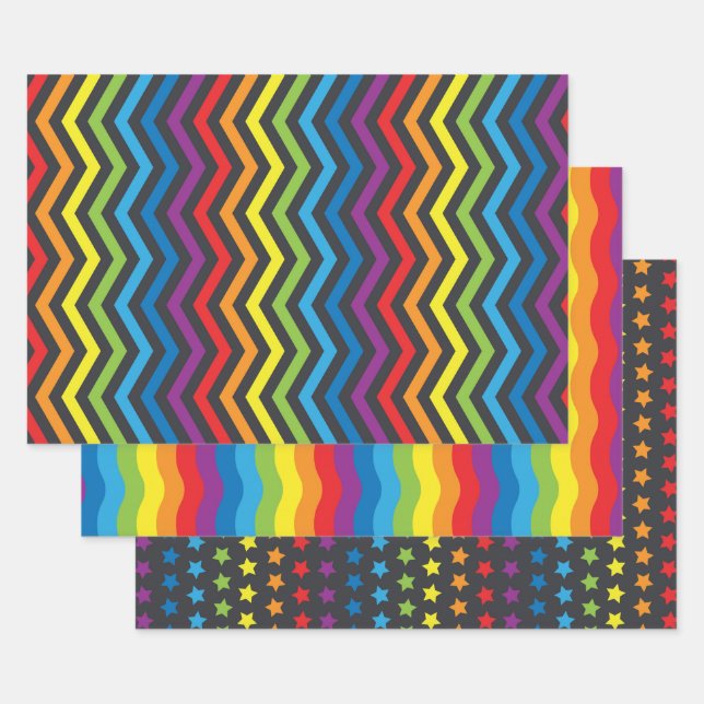 Vibrant Black and Rainbow Patterns Wrapping Paper Sheets (Set)