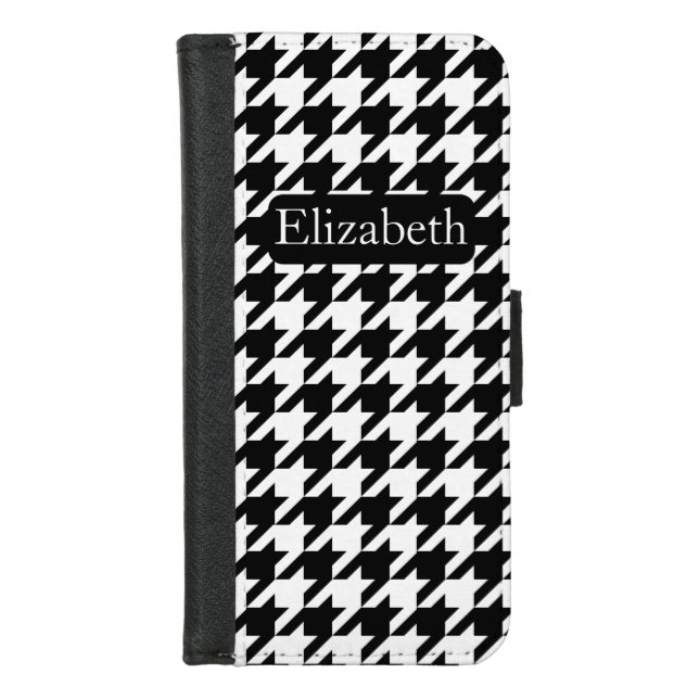 Vibrant Black and White Houndstooth and Name iPhone Wallet Case (Front)