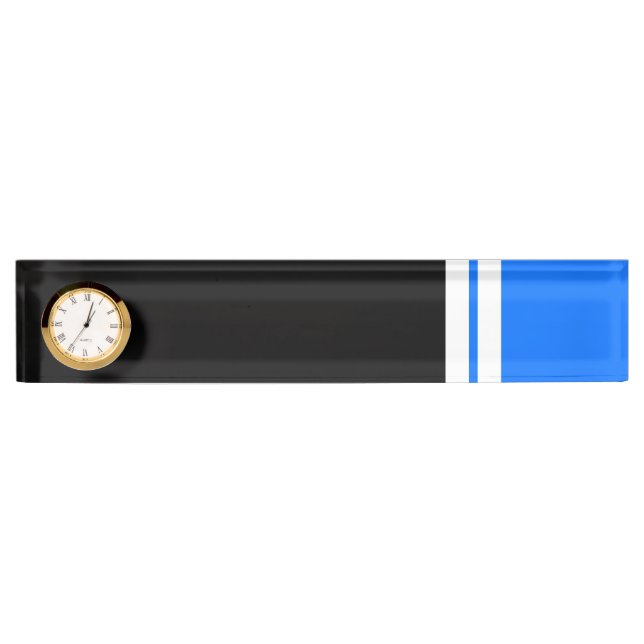 Vibrant Black Block Two Stripes Bright Blue Clock Desk Name Plate (Front)