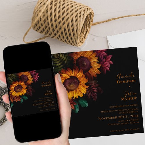 Vibrant Black Burnt Orange Floral Modern Wedding Invitation