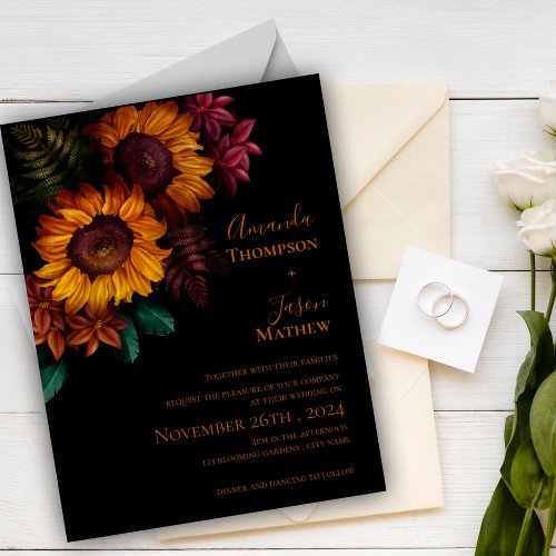 Vibrant Black Burnt Orange Floral Modern Wedding Invitation Postcard