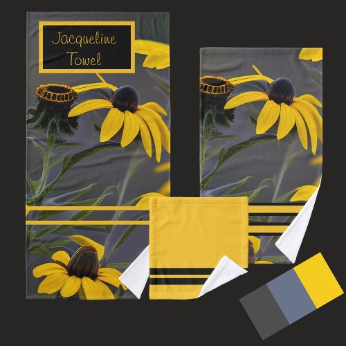 Vibrant Black eye Susan yellow floral  Bath Towel Set