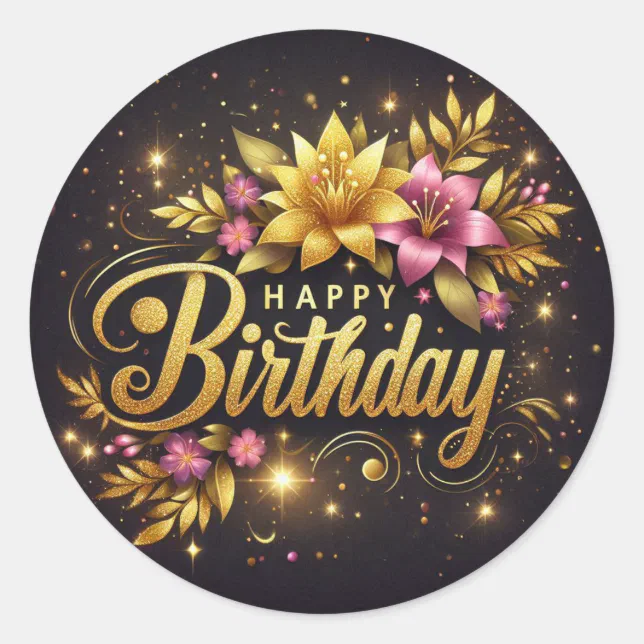 Vibrant black floral birthday sticker | Zazzle