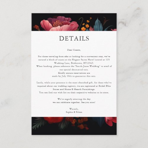 Vibrant Bloom Dark Wedding Details Enclosure Card