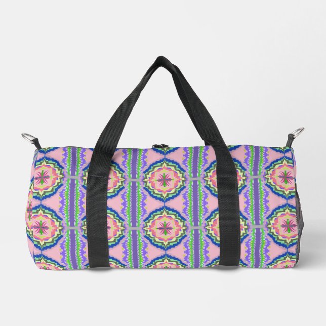 Vibrant Bloom Kaleidoscope: Pink & Emerald Mandala Duffle Bag (Front)