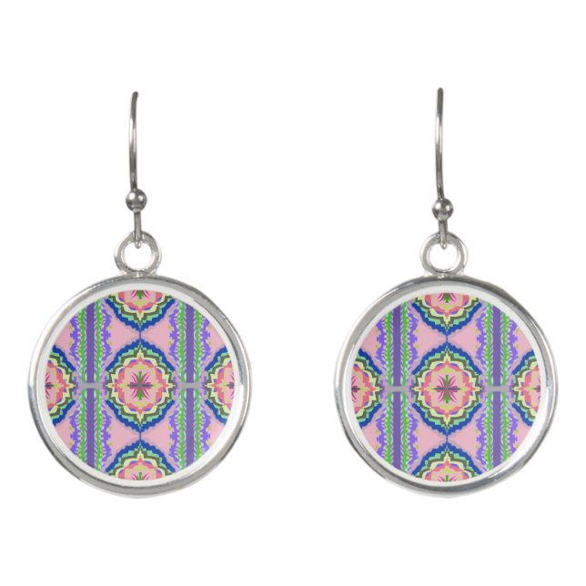 Vibrant Bloom Kaleidoscope: Pink & Emerald Mandala Earrings (Front)