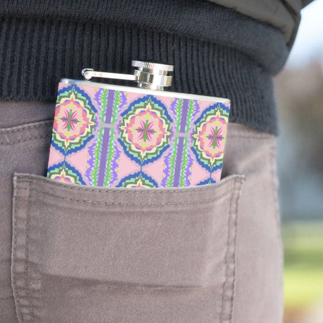 Vibrant Bloom Kaleidoscope: Pink & Emerald Mandala Flask (In Situ)