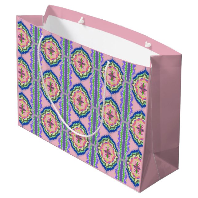 Vibrant Bloom Kaleidoscope: Pink & Emerald Mandala Large Gift Bag (Back Angled)