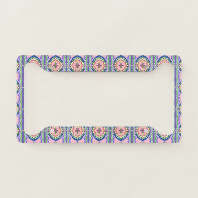 Vibrant Bloom Kaleidoscope: Pink & Emerald Mandala License Plate Frame (Front)