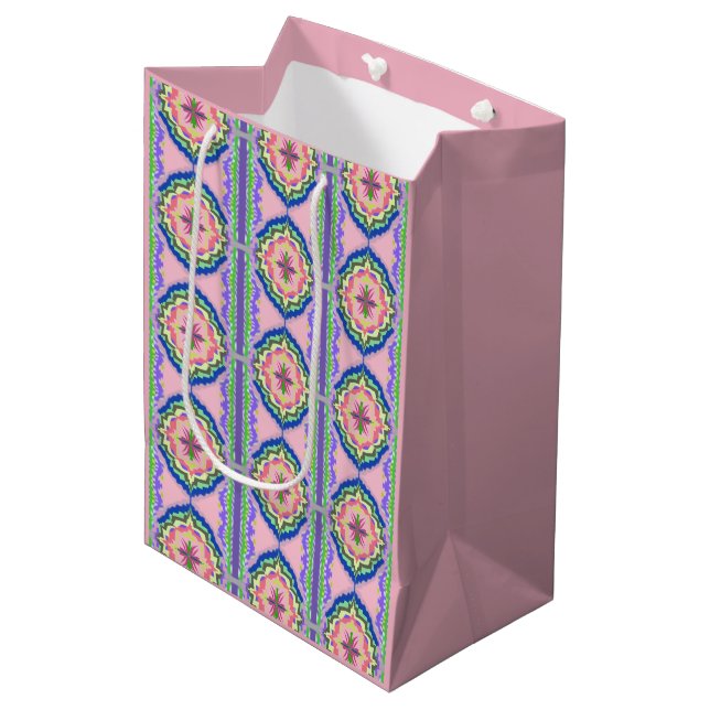Vibrant Bloom Kaleidoscope: Pink & Emerald Mandala Medium Gift Bag (Front Angled)