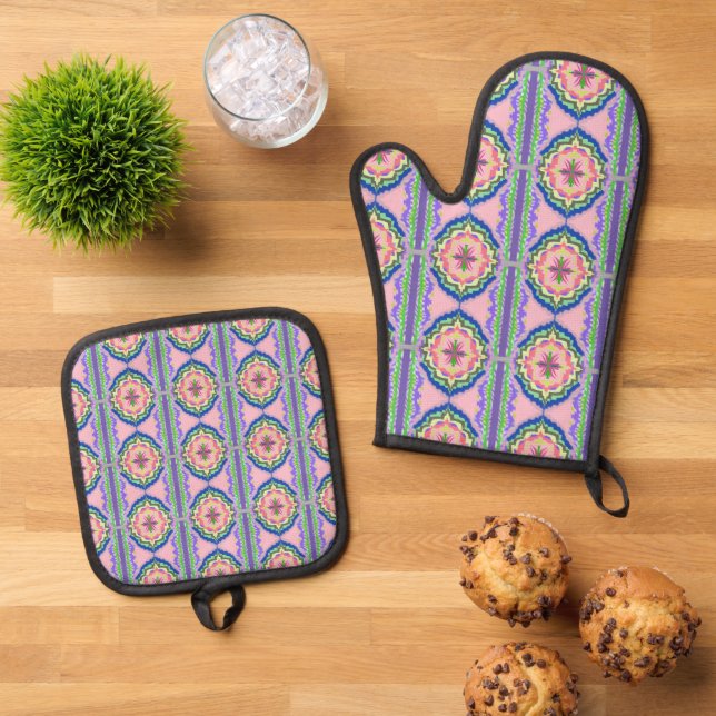 Vibrant Bloom Kaleidoscope: Pink & Emerald Mandala Oven Mitt & Pot Holder Set (Top Down)
