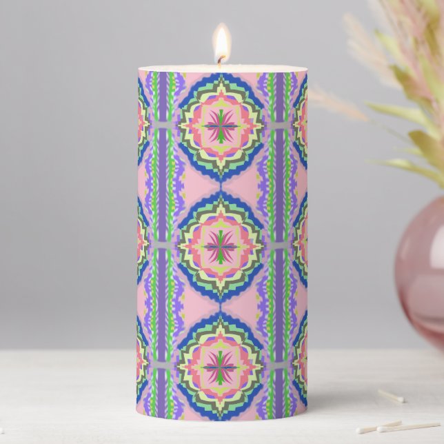 Vibrant Bloom Kaleidoscope: Pink & Emerald Mandala Pillar Candle (In Situ)