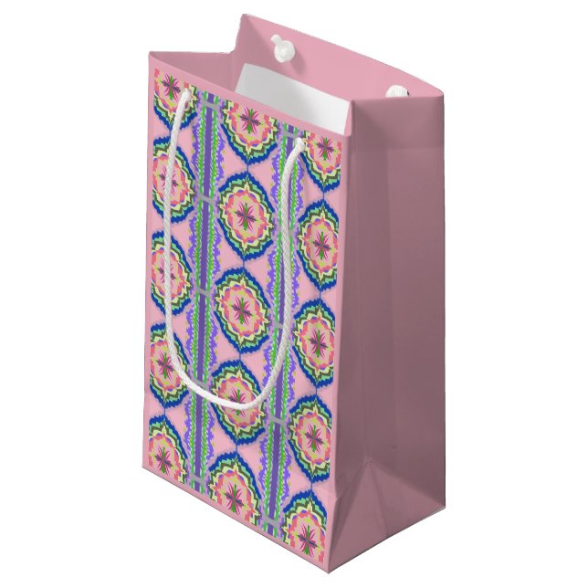 Vibrant Bloom Kaleidoscope: Pink & Emerald Mandala Small Gift Bag (Front Angled)