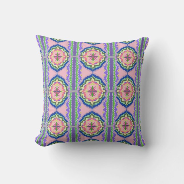 Vibrant Bloom Kaleidoscope: Pink & Emerald Mandala Throw Pillow (Front)