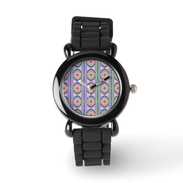 Vibrant Bloom Kaleidoscope: Pink & Emerald Mandala Watch (Front)