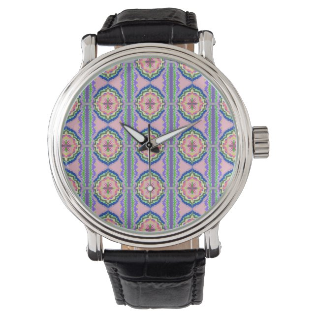 Vibrant Bloom Kaleidoscope: Pink & Emerald Mandala Watch (Front)
