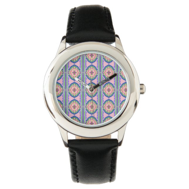Vibrant Bloom Kaleidoscope: Pink & Emerald Mandala Watch (Front)