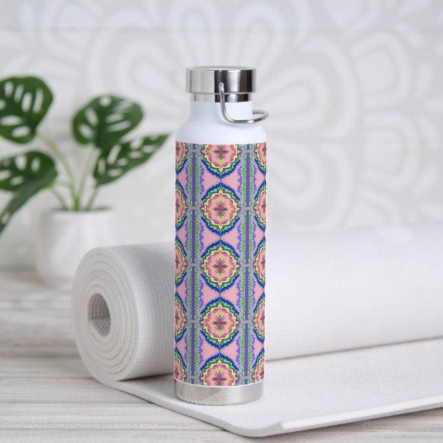 Vibrant Bloom Kaleidoscope: Pink & Emerald Mandala Water Bottle (Yoga (Rotated))