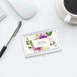 Vibrant Bloom | Personalized Watercolor Floral Business Card Holder<br><div class="desc">Elegant floral business card holder features a bouquet of watercolor painted peony and rose flowers in vibrant shades of violet purple,  blush pink and green. Your name and/or business name is displayed in the center in modern lettering on a white rectangular element.</div>