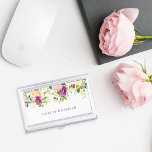 Vibrant Bloom | Personalized Watercolor Floral Business Card Holder<br><div class="desc">Chic floral business card holder features a cascading bouquet of watercolor painted peony and rose flowers in vibrant shades of violet purple,  blush pink and green,  across the top. Your name and/or business name is displayed beneath in elegant dark blue lettering.</div>