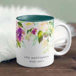 Vibrant Bloom | Personalized Watercolor Floral Two-Tone Coffee Mug<br><div class="desc">Elegant mug design features a cascade of watercolor florals in rich,  jewel toned violet purple and jasper green. Personalize with your name,  business name or wording of your choice using the two custom text fields. We love this style with the hunter green interior for a coordinating pop of color!</div>