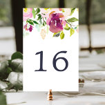 Vibrant Bloom Table Number Card<br><div class="desc">Garden floral table number cards feature a top border of watercolor rose and peony flowers in lush shades of violet purple,  blush pink and green,  with your table number in midnight blue. Design repeats on reverse side. Coordinates with our Vibrant Bloom wedding invitation suite.</div>