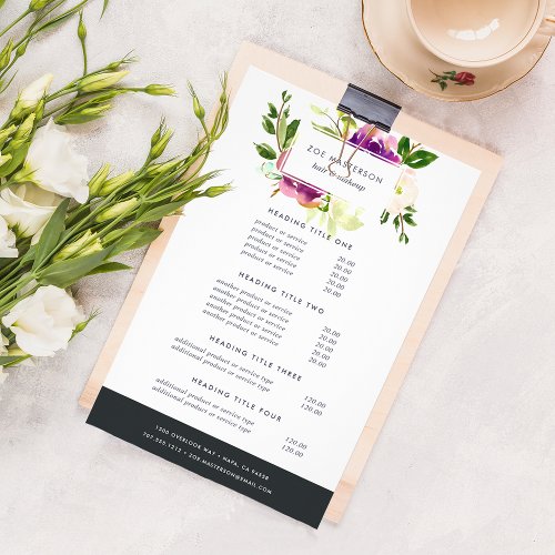 Vibrant Bloom Watercolor Floral Pricing  Services Flyer