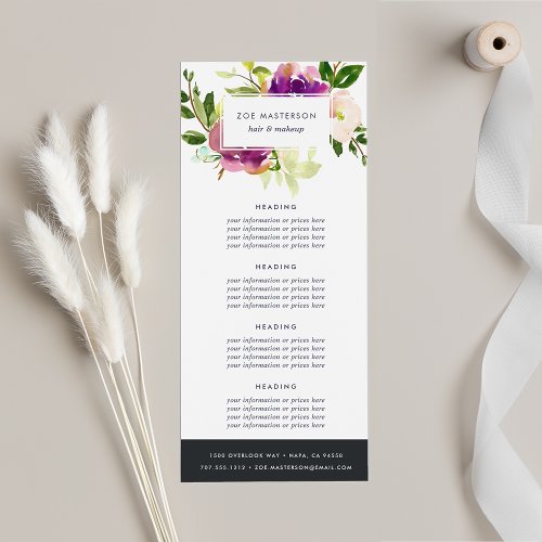 Vibrant Bloom Watercolor Floral PricingServices Rack Card