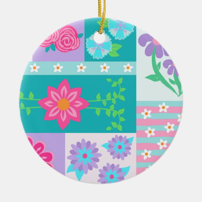 Vibrant Blooming Flowers Design Ceramic Ornament (Front)