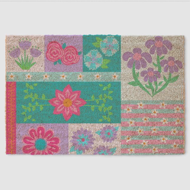 Vibrant Blooming Flowers Design Fiber Doormat (Front)