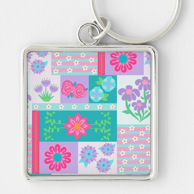 Vibrant Blooming Flowers Design Keychain (Front)