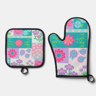 Vibrant Blooming Flowers Design Oven Mitt & Pot Holder Set