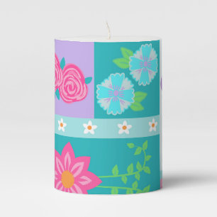 Vibrant Blooming Flowers Design Pillar Candle