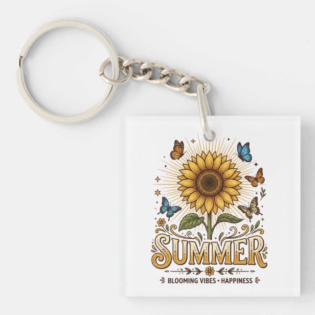 Vibrant Blooming summer sunflower with Butterflies Keychain (Front)