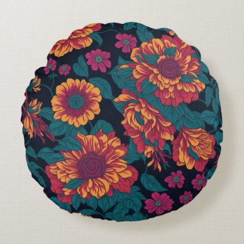 Vibrant Blooms A Fiery Floral Symphony Round Pillow