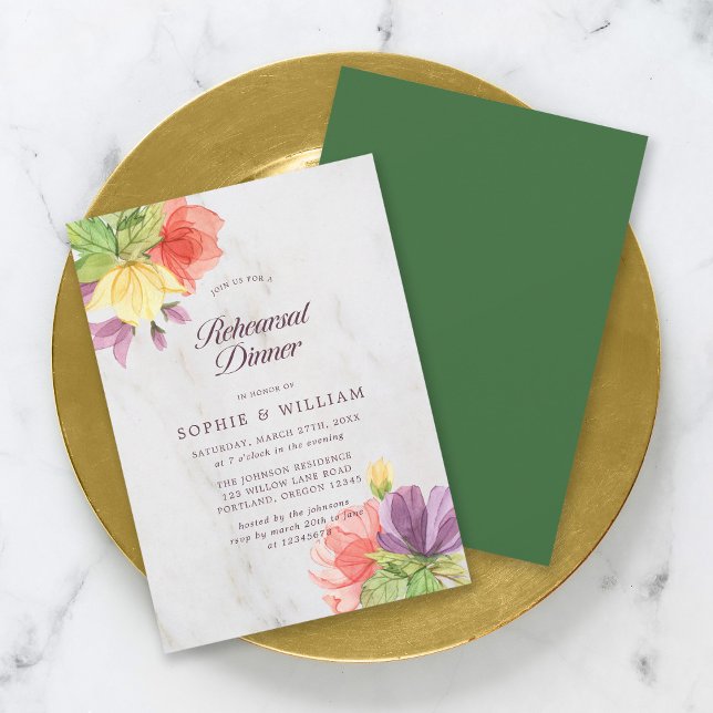 Vibrant Blooms Marble Rehearsal Dinner Invitation (Creator Uploaded)