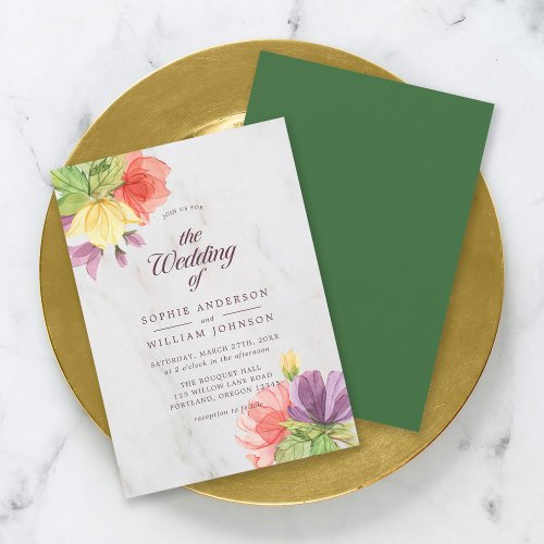 Vibrant Blooms Marble Wedding Invitation