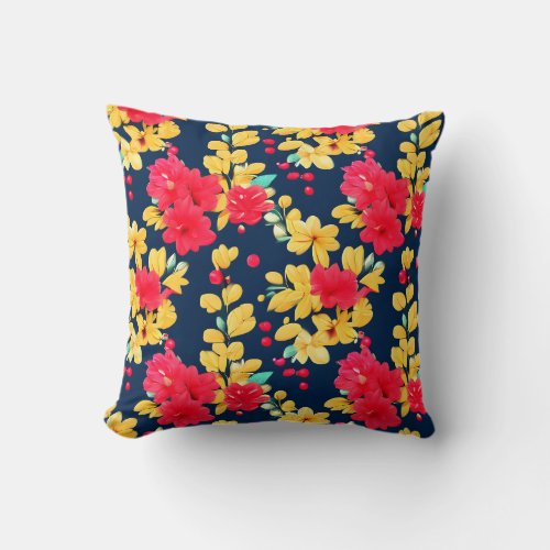 Vibrant Blooms on Blue A Floral Pattern Design Throw Pillow