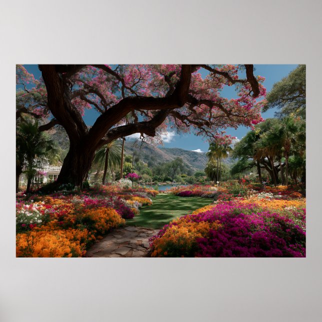 Vibrant Blossom Tree Garden Paradise View Poster (Front)