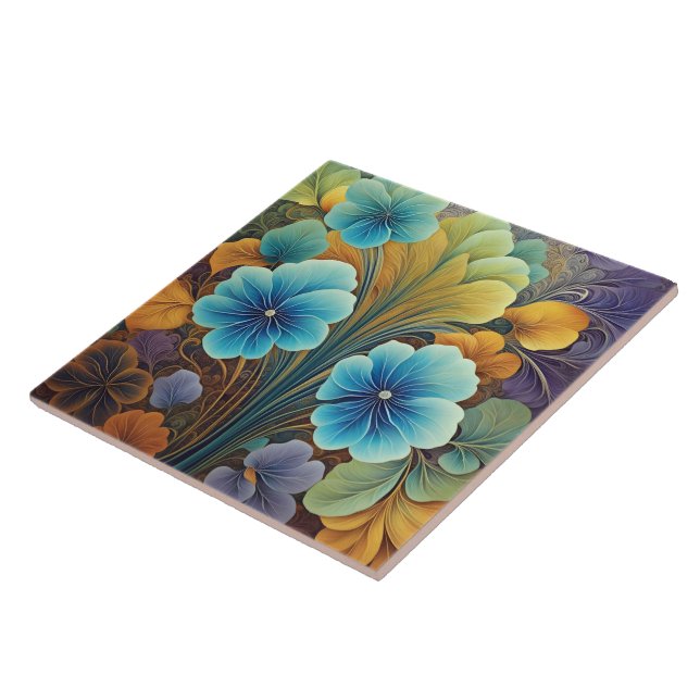 Vibrant Blue and Orange Floral Design Ceramic Tile (Side)