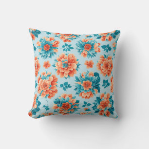 Vibrant Blue and Orange Floral Illustration Throw Pillow