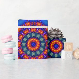 Vibrant Blue and Orange Psychedelic Kaleidoscope Wrapping Paper