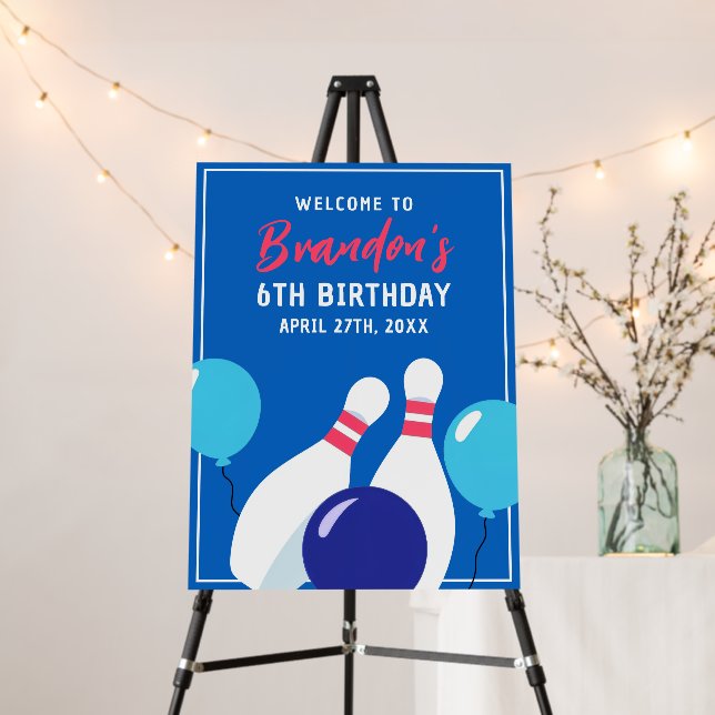 Vibrant Blue and Red Bowling 6th Birthday Foam Board (In Situ (Stand))