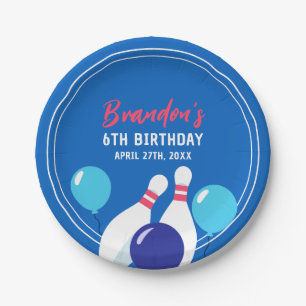Vibrant Blue and Red Bowling 6th Birthday Paper Plates
