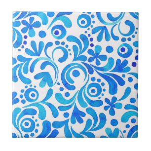 Vibrant Blue and White Watercolor Botanical Ceramic Tile