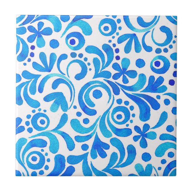 Vibrant Blue and White Watercolor Botanical Ceramic Tile (Front)