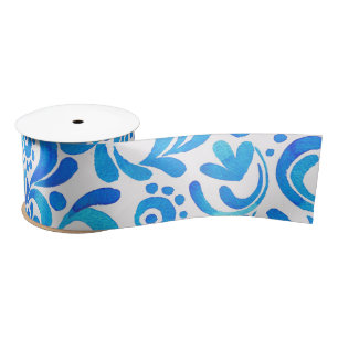 Vibrant Blue and White Watercolor Botanical Satin Ribbon