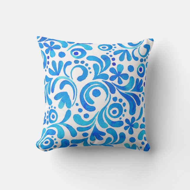 Vibrant Blue and White Watercolor Botanical Throw Pillow (Front)