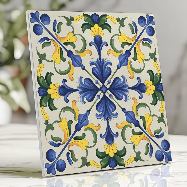 Vibrant Blue and Yellow Mediterranean Floral  Ceramic Tile (Creator Uploaded)